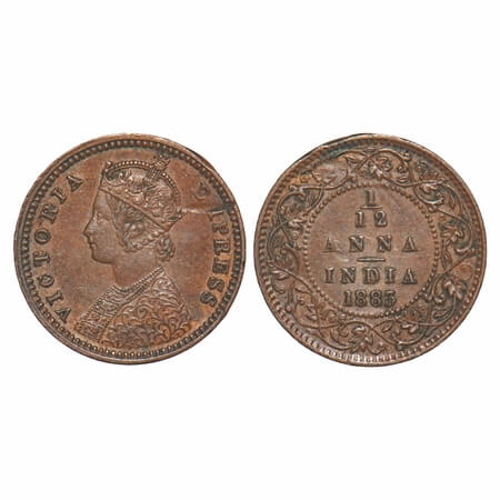 Victoria Empress, Copper, 1/12 Anna, 1883, Calcutta Mint, Obv B, 'C' incused, Planchet fla