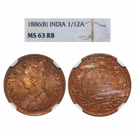 Victoria Empress, Copper, 1/12 Anna, 1886, Bombay Mint, Obv A, No mint mark. F. Prid 813. 