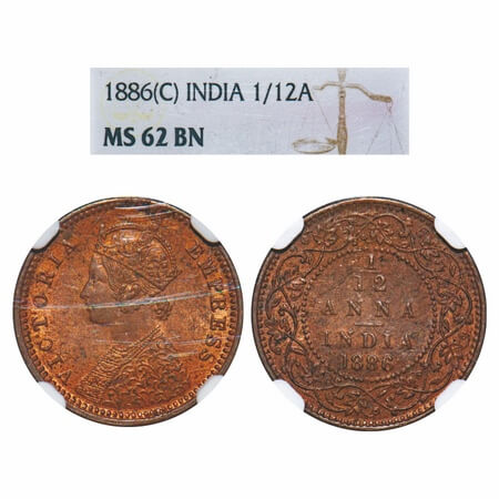 Victoria Empress, Copper, 1/12 Anna, 1886, Calcutta Mint, Obv B, 'C' incused. F. Prid 791.