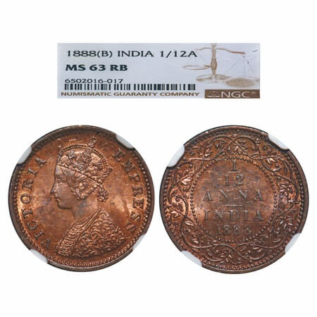 Victoria Empress, Copper, 1/12 anna, 1888, Bombay Mint, Obv A, No mint mark. F. Prid 815. 