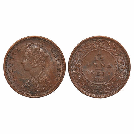 Victoria Empress, Copper, 1/12 Anna, 1888, Calcutta Mint, Obv B, No mint mark, Ghost on Re