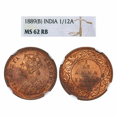 Victoria Empress, Copper, 1/12 Anna, 1889, Bombay Mint, Obv A, No mint mark. F. Prid 816. 