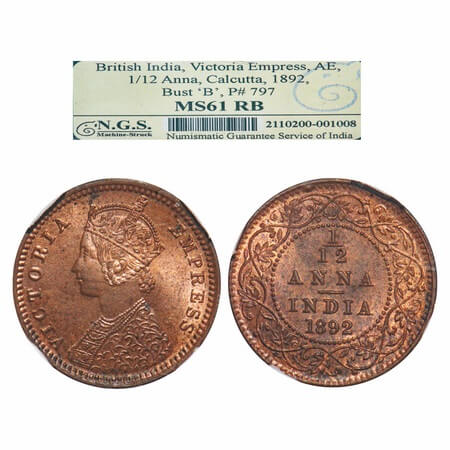 Victoria Empress, Copper, 1/12 Anna, 1892, Calcutta Mint, Obv B, No mint mark. F. Prid 797
