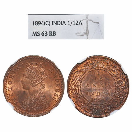 Victoria Empress, Copper, 1/12 Anna, 1894, Calcutta Mint, Obv B, No mint mark. F. Prid 799