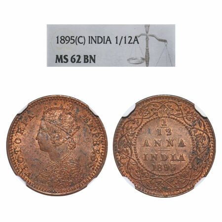 Victoria Empress, Copper, 1/12 Anna, 1895, Calcutta Mint, Obv B, No mint mark. F. Prid 800