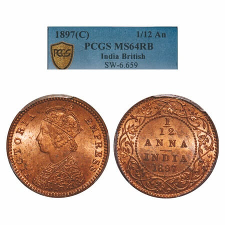 Victoria Empress, Copper, 1/12 Anna, 1897, Calcutta Mint, Obv B, No mint mark. F. Prid 802