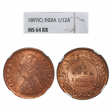 Victoria Empress, Copper, 1/12 Anna, 1897, Calcutta Mint, Obv B, No mint mark. F. Prid 802