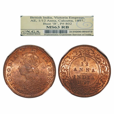 Victoria Empress, Copper, 1/12 Anna, 1897, Calcutta Mint, Obv B, No mint mark. F. Prid 802