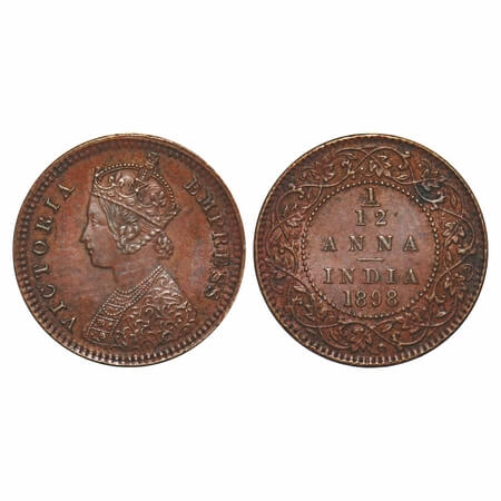 Victoria Empress, Copper, 1/12 Anna, 1897, Calcutta Mint, Obv B, No mint mark. F. Prid 802