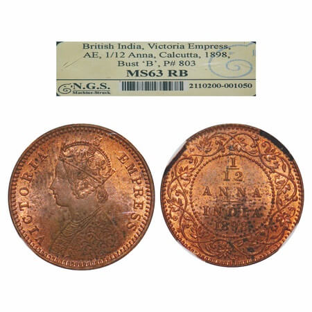 Victoria Empress, Copper, 1/12 Anna, 1898, Calcutta Mint, Obv B, No mint mark. F. Prid 803