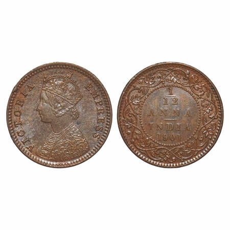 Victoria Empress, Copper, 1/12 Anna, 1901, Calcutta Mint, Obv B, No mint mark, A cud on Ob