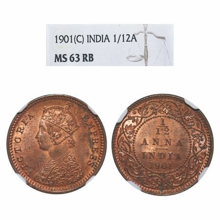 Victoria Empress, Copper, 1/12 Anna, 1901, Calcutta Mint, Obv B, No mint mark. F. Prid 805