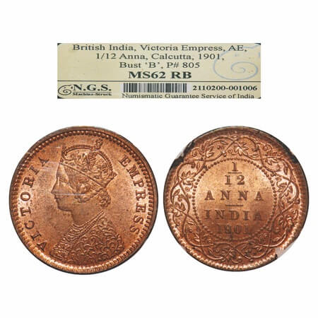 Victoria Empress, Copper, 1/12 Anna, 1901, Calcutta Mint, Obv B, No mint mark. F. Prid 805