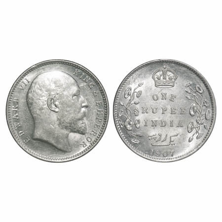 Edward VII, Silver, Rupee, 1907, Calcutta Mint, No mint mark. F. Prid 193. GK 942. Almost