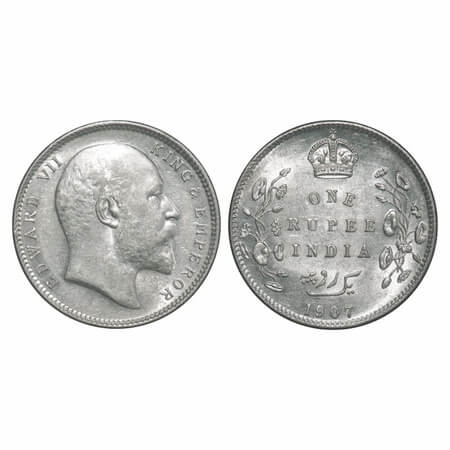 Edward VII, Silver, Rupee, 1907, Calcutta Mint, No mint mark. F. Prid 193. GK 942. About U