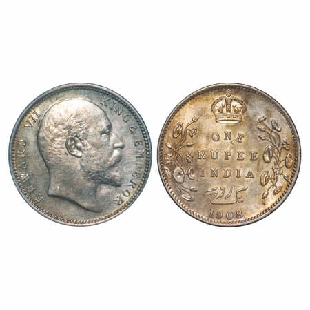 Edward VII, Silver, Rupee, 1908, Calcutta Mint, No mint mark. F. Prid 194. GK 946. Almost 