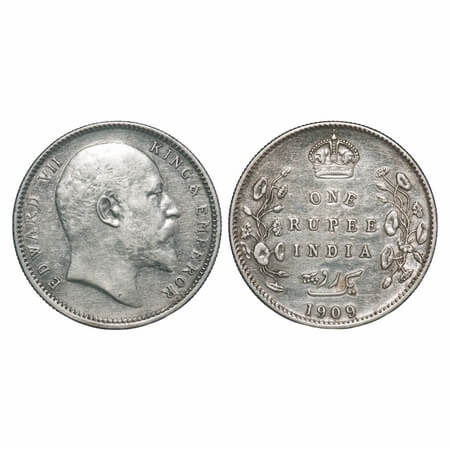 Edward VII, Silver, Rupee, 1909, Calcutta Mint, No mint mark. F. Prid 195. GK 950. Very Fi