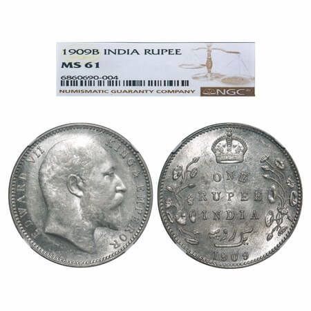 Edward VII, Silver, Rupee, 1909, Bombay Mint, No 'B' only dot. F. Prid Unlisted. GK 953. N