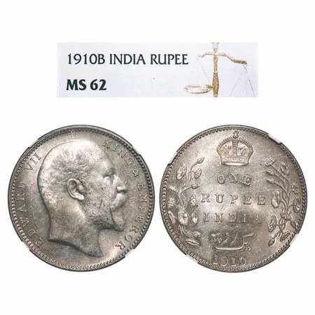 Edward VII, Silver, Rupee, 1910, Bombay Mint, 'B' incused and dot. F. Prid 206. GK 958. NG