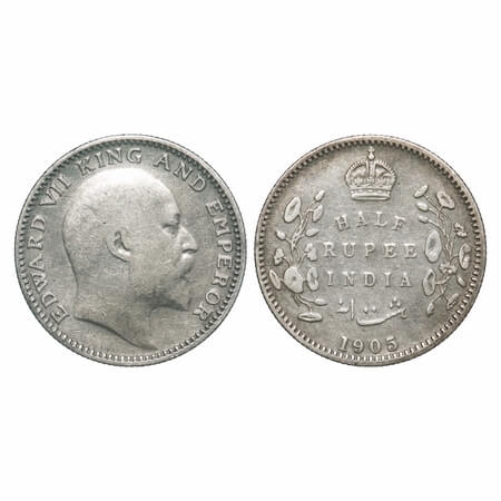 Edward VII, Silver, Half Rupee, 1905, Calcutta Mint, No mint mark. F. Prid Unlisted. GK 96
