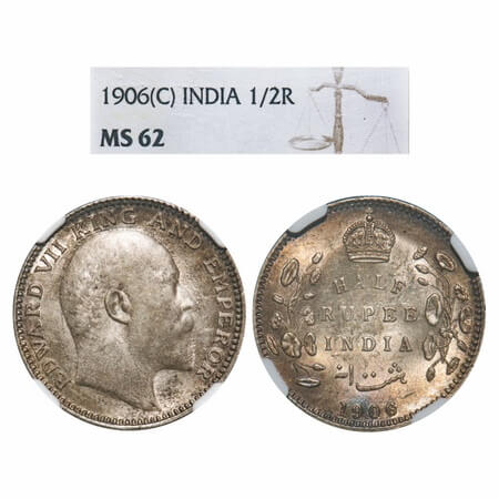 Edward VII, Silver, Half Rupee, 1906, Calcutta Mint, No mint mark. F. Prid 310. GK 964. NG