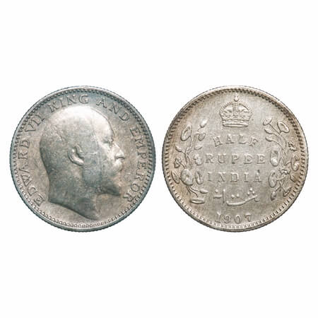Edward VII, Silver, Half Rupee, 1907, Bombay Mint, 'B' incused and dot. F. Prid 316. GK 96