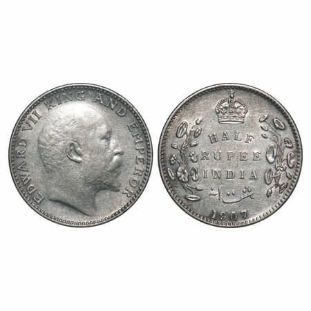 Edward VII, Silver, Half Rupee, 1907, Bombay Mint, 'B' incused and dot. F. Prid 316. GK 96