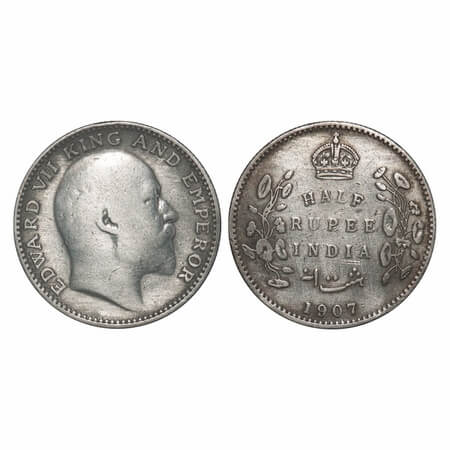 Edward VII, Silver, Half Rupee, 1907, Bombay Mint, 'B' incused, No dot. F. Prid 316. GK 96