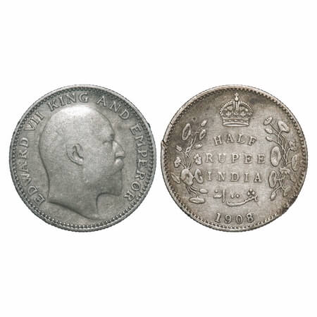 Edward VII, Silver, Half Rupee, 1908, Calcutta Mint, No mint mark, Edge nicks on Rev rim e