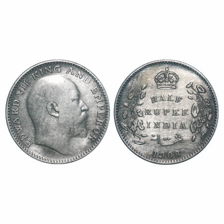 Edward VII, Silver, Half Rupee, 1908, Calcutta Mint, No mint mark. F. Prid 312. GK 968. Ve