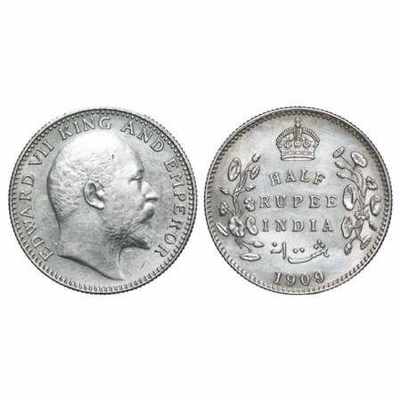 Edward VII, Silver, Half Rupee, 1909, Calcutta Mint, No mint mark. F. Prid 313. GK 969. Ex