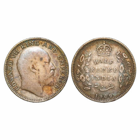 Edward VII, Silver, Half Rupee, 1909, Calcutta Mint, No mint mark. F. Prid 313. GK 969. Ve