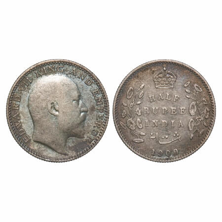 Edward VII, Silver, Half Rupee, 1909, Calcutta Mint, No mint mark. F. Prid 313. GK 969. Ve