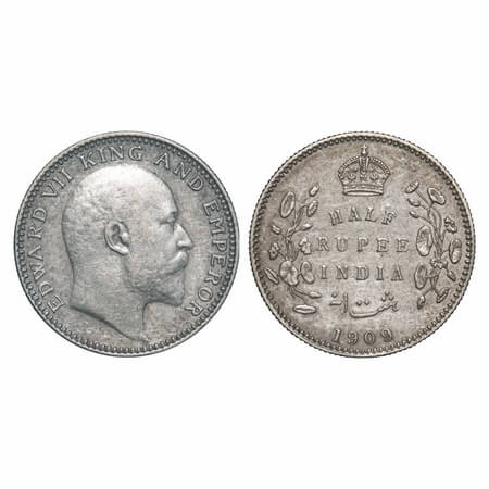 Edward VII, Silver, Half Rupee, 1909, Calcutta Mint, No mint mark. F. Prid 313. GK 969. Ex