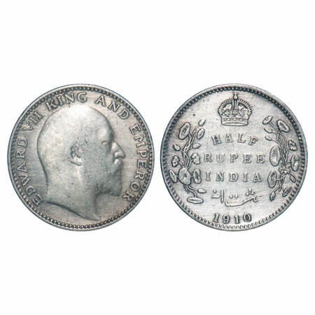 Edward VII, Silver, Half Rupee, 1910, Bombay Mint, 'B' incused, Dot. F. Prid 317. GK 970. 