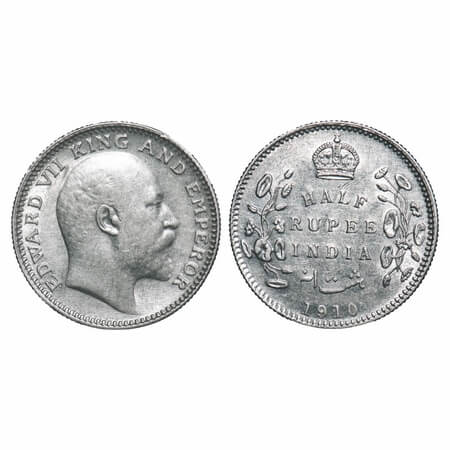 Edward VII, Silver, Half Rupee, 1910, Calcutta Mint, No mint mark, Edge nick on Obv rim ed