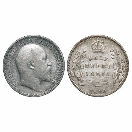 Edward VII, Silver, Half Rupee, 1910, Calcutta Mint, No mint mark. F. Prid 314. GK 971. Ex