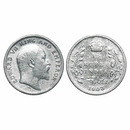 Edward VII, Silver, 1/4 Rupee, 1903, Calcutta Mint, No mint mark. F. Prid 432. GK 972. Fin