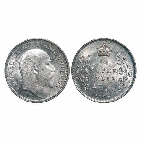 Edward VII, Silver, 1/4 Rupee, 1906, Calcutta Mint, No mint mark. F. Prid 435. GK 975. Unc
