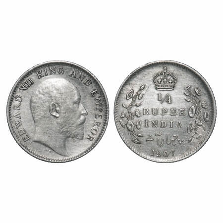 Edward VII, Silver, 1/4 Rupee, 1907, Calcutta Mint, No mint mark, Ghost on Rev. F. Prid 43