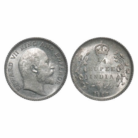 Edward VII, Silver, 1/4 Rupee, 1907, Calcutta Mint, No mint mark. F. Prid 436. GK 976. Bri