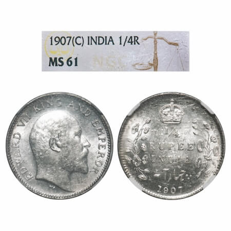 Edward VII, Silver, 1/4 Rupee, 1907, Calcutta Mint, No mint mark. F. Prid 436. GK 976. NGC