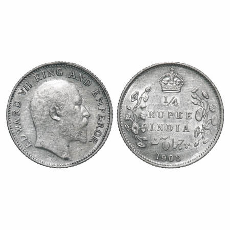 Edward VII, Silver, 1/4 Rupee, 1908, Calcutta Mint, No mint mark. F. Prid 437. GK 977. Ext