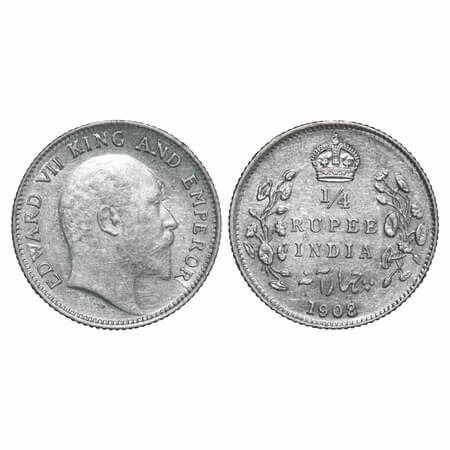 Edward VII, Silver, 1/4 Rupee, 1908, Calcutta Mint, No mint mark, Ghost on Rev. F. Prid 43