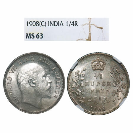 Edward VII, Silver, 1/4 Rupee, 1908, Calcutta Mint, No mint mark. F. Prid 437. GK 977. NGC