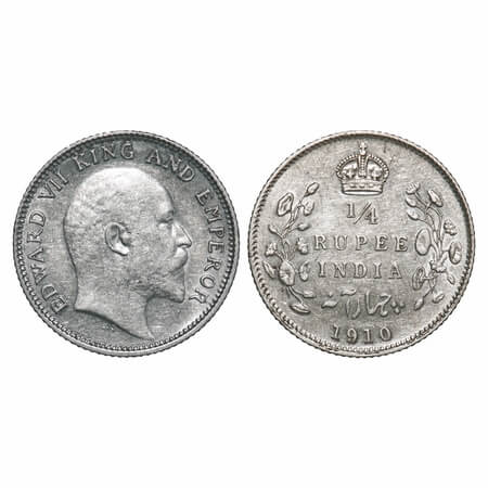 Edward VII, Silver, 1/4 Rupee, 1910, Calcutta Mint, No mint mark. F. Prid 439. GK 978. Alm