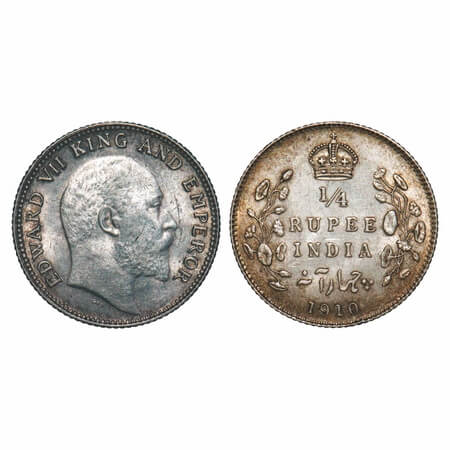 Edward VII, Silver, 1/4 Rupee, 1910, Bombay Mint, Dot. F. Prid Unlisted. GK 979. Extremely