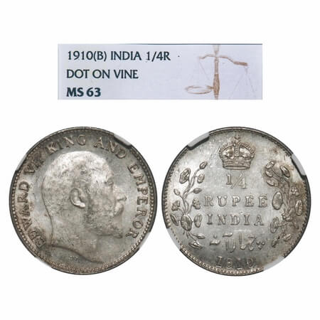 Edward VII, Silver, 1/4 Rupee, 1910, Bombay Mint, Dot. F. Prid Unlisted. GK 979. NGC Slabb