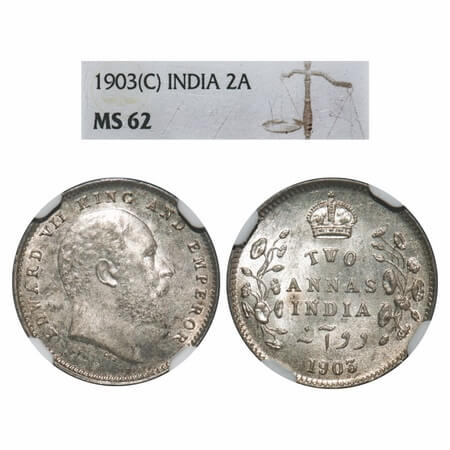 Edward VII, Silver, 2 Annas, 1903, Calcutta Mint, No mint mark. F. Prid 556. GK 980. NGC S