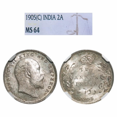 Edward VII, Silver, 2 Annas, 1905, Calcutta Mint, No mint mark. F. Prid 558. GK 982. NGC S